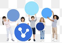 Diverse kids png holding round shaped props, transparent background