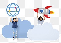 Png kids holding globe & rocket props, transparent background