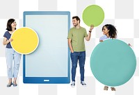 Png tablet & people holding circles, transparent background