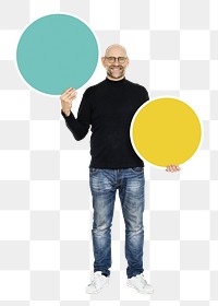 Png cheerful man holding  round empty board, transparent background