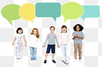 Png happy diverse kids with speech bubbles, transparent background