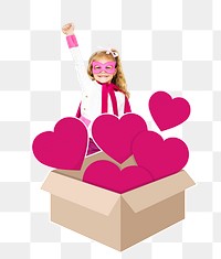 Png box full of hearts with superhero girl, transparent background