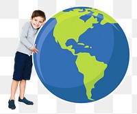 Png boy hugging planet earth, transparent background