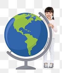 Globe png with smiling girl, transparent background