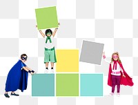Png young superheroes stacking square boards, transparent background