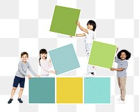 Diverse kids png stacking empty square boards, transparent background