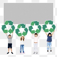 Png kids holding recycle icons, transparent background