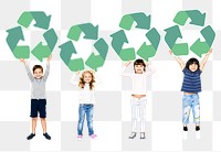 Png kids holding recycle icons, transparent background