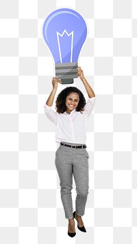 Businesswoman png holding a light bulb, transparent background