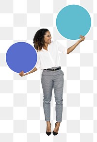 Young businesswoman png holding blank circles, transparent background