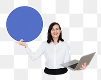 Businesswoman holding round board png element, transparent background