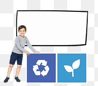 Png boy with recycling icons, transparent background