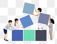 Png happy kids stacking square boards, transparent background