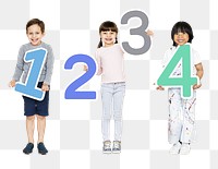 Cheerful kids png holding numbers one to four, transparent background