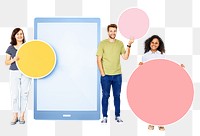 Tablet png people holding circle shapes, transparent background