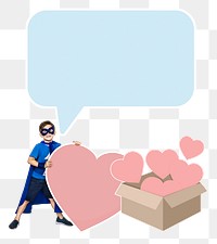 Png superhero boy collecting hearts in a box, transparent background