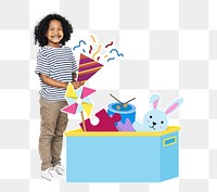 Cheerful boy png  with a box full of toys, transparent background