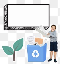 Png  young boy collecting papers for recycling, transparent background