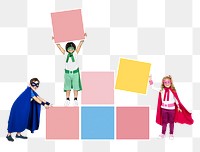 Png young superheroes stacking empty boxes, transparent background