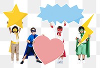 Png young superheroes with creative icons, transparent background