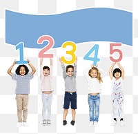 Png cheerful kids holding numbers, transparent background