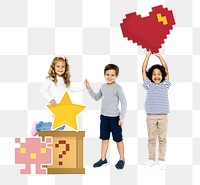 Png diverse kids, pixilated gaming icons, transparent background