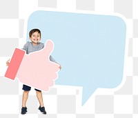 Png little kid holding a pink thumbs up icon, transparent background