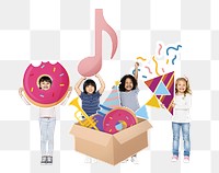 Png diverse kids with party items, transparent background