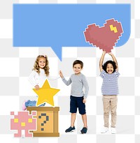 Png happy  kids with pixilated gaming icons, transparent background