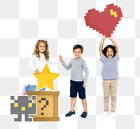 Png  happy kids with pixilated gaming icons, transparent background