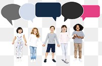 Happy diverse kids png with speech bubbles, transparent background