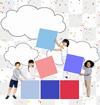 Png diverse happy kids stacking empty square boards, transparent background