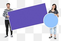 Png people holding blank shapes, transparent background