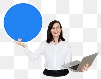 Businesswoman holding round board png element, transparent background