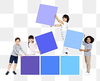 Png happy kids stacking empty square boards, transparent background