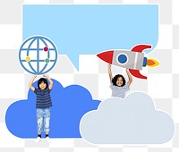 Png cheerful kids holding technology icons, transparent background