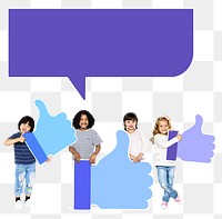 Png happy kids with speech bubble & thumbs up, transparent background