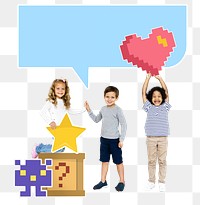 Png diverse kids with pixilated gaming icons, transparent background