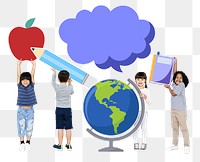 Png diverse kids holding education icons, transparent background