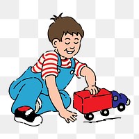 Kid playing truck toy png illustration, transparent background. Free public domain CC0 image.