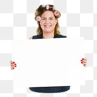 Woman holding placard png element, transparent background