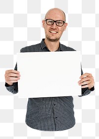 Man holding blank placard png element, transparent background