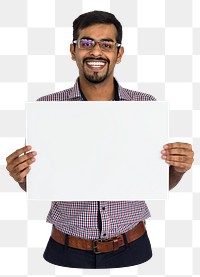 Man holding blank placard png element, transparent background