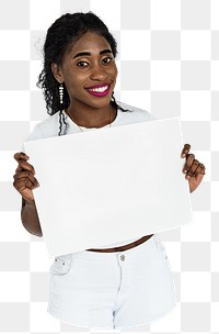 Woman holding placard png element, transparent background