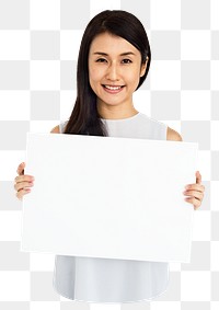 Woman holding placard png element, transparent background