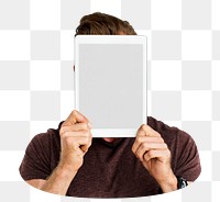 Man holding tablet png element, transparent background