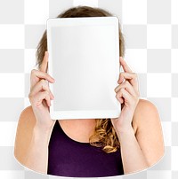 Woman holding placard png element, transparent background