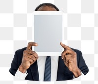 Man holding tablet png element, transparent background