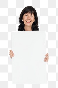 Woman holding placard png element, transparent background