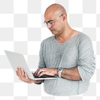 Man holding laptop png element, transparent background